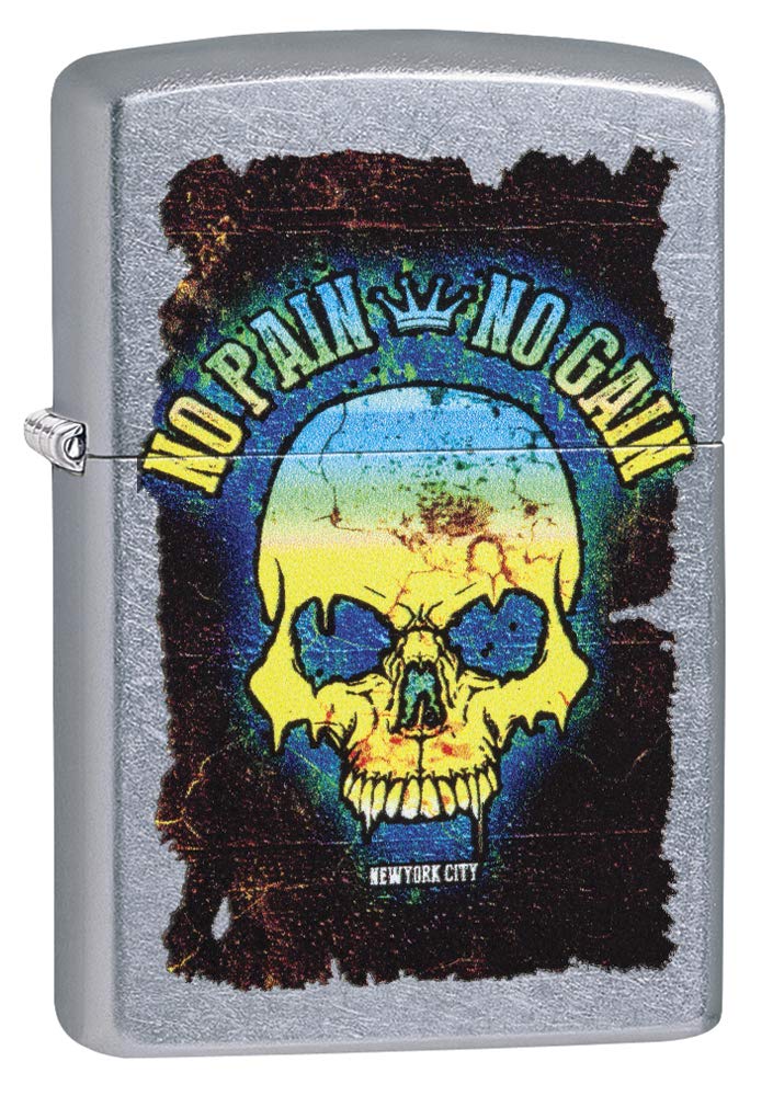 ZIPPO - Skull No Pain No Gain - Color Image, Street Chrome™ - Windproof Lighter, refillable, in gift box