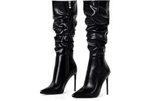 Elisabet Tang Women's Knee High Booties,Faux Suede 4" Stiletto Heel Pointed Toe Knee High Boots Side Zipper Boots Dress Shoes