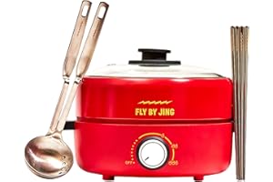 FLYBYJING Hot Pot Set | Electic Cooking Pot Complete with Temperature Control, 4 Silver Chopsticks & 2 Slotted Spoons | Make Delicious Sichuan Hot Pot at Home | Perfect for Dinner Parties