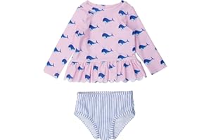 RuffleButts Baby/Toddler Girls Scalloped Long Sleeve Rash Guard 2-Piece UPF50+ Sun Protected Swimsuit