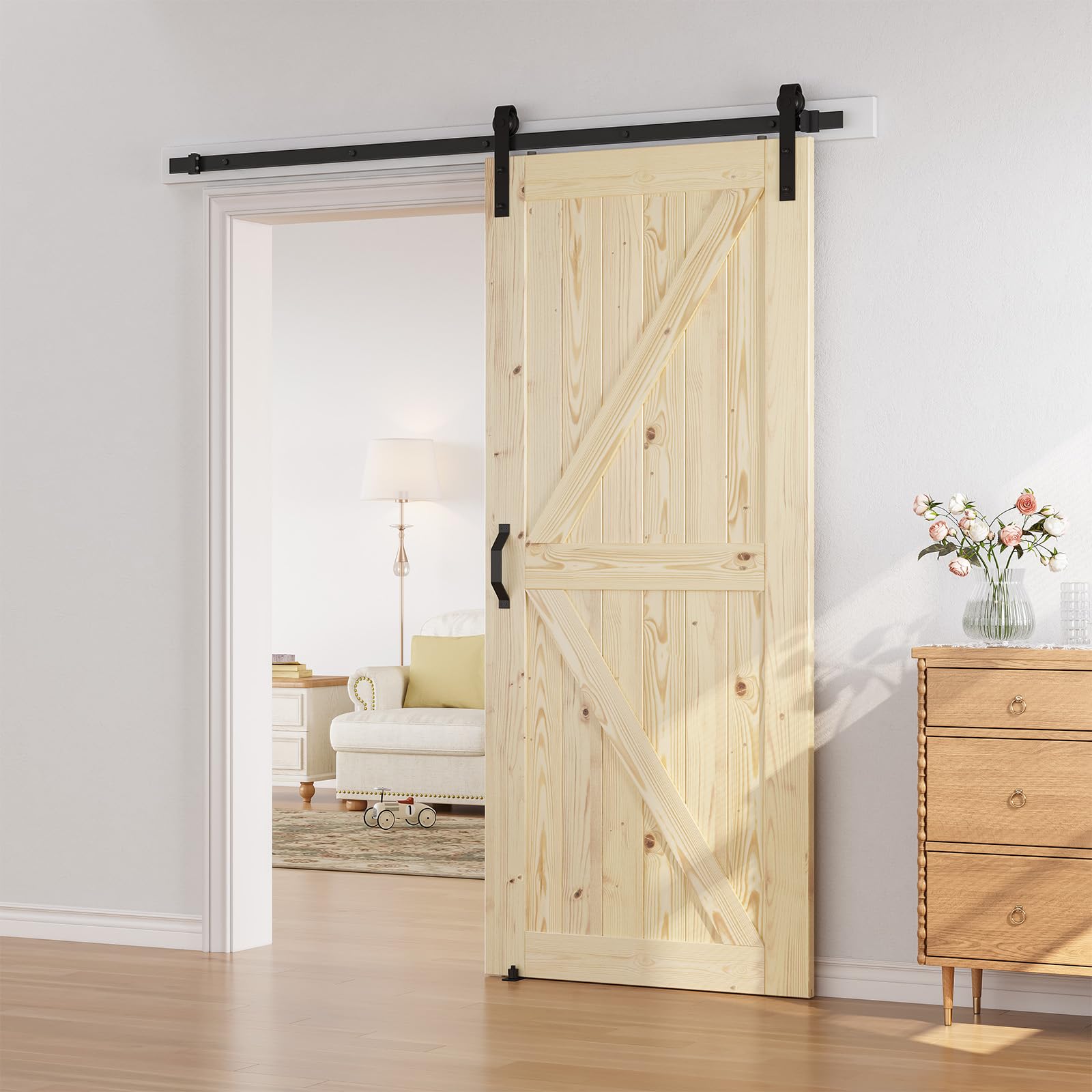 SMARTSTANDARD 36in x 84in Sliding Barn Door with 6.6ft Barn Door Hardware Kit & Handle, Pre-Drilled Ready to Assemble, DIY Unfinished Solid Spruce Wood Panelled Slab, K-Frame, Natural