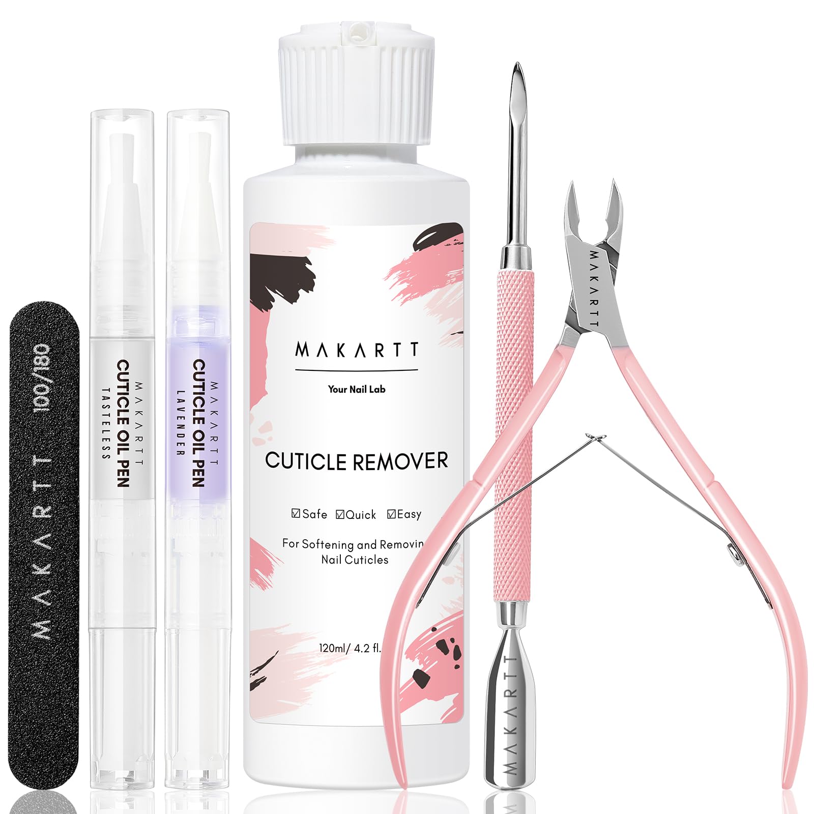Makartt Cuticle Remover Set - Nail Care with Cuticle Oil Stick, Cuticle Cutter, Nail File and 120 ml Cuticle Remover Liquid, Nail Manicure Set for Softening & Moisturizing the Cuticle