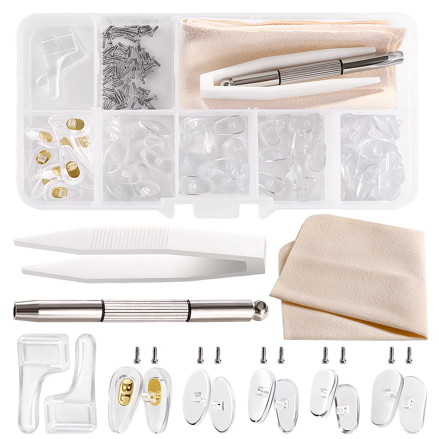 YIXISI 30 Pairs Glasses Nose Pads Kit, Eyeglass Nose Pads, Silicone Screw-in Nose Pads Glasses Repair Kit, with Screws Screwdriver Tweezers Cleaning Cloth, for Most Eyeglasses, No. 3
