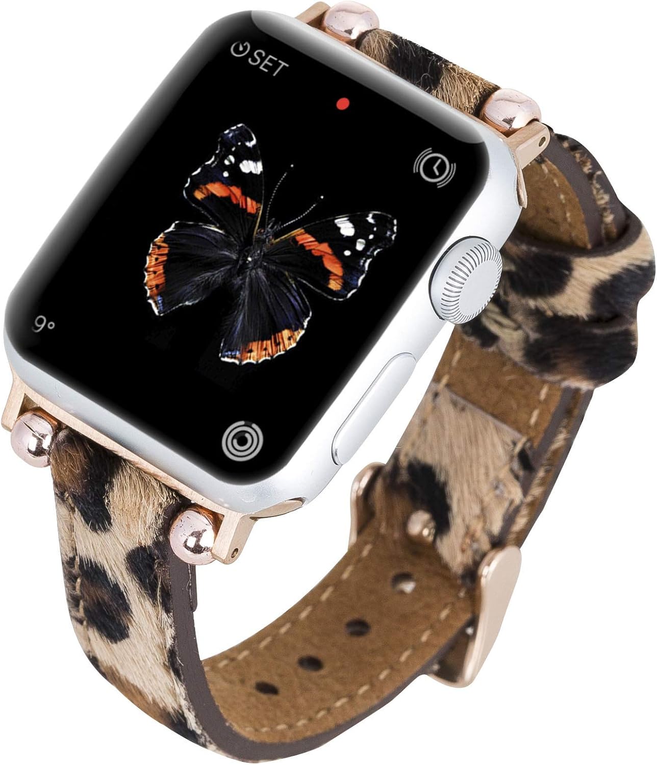 Venito Foggia Leather Watch Band Compatible with Apple Watch Series 1, 2, 3, 4, 5, 6 w/Stainless Steel Hardware (Furry Leopard w/Rose Gold Connector & Clasp, 42mm-44mm)