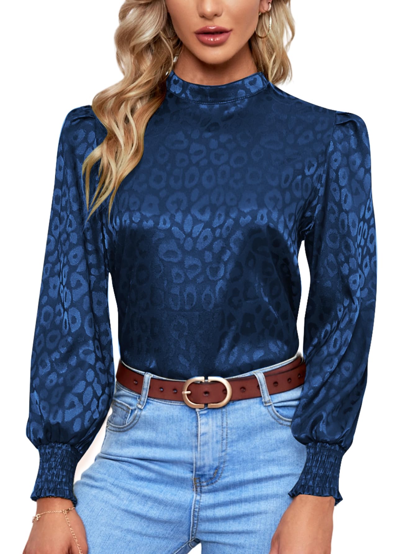 LYANER Women's Satin Mock Neck Puff Long Sleeve Keyhole Work Blouse Top ...