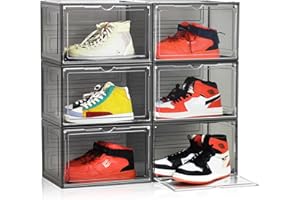 6 Pack Shoe Boxes Magnet Transparent Sneaker Display Case Stackable Shoe Hat Book Bag Organizer with Magnetic Door, Black