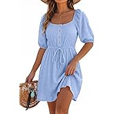 Dokotoo Women's Square Neck Puff Sleeve Dress Casual Summer A-Line Mini Dress with Belt