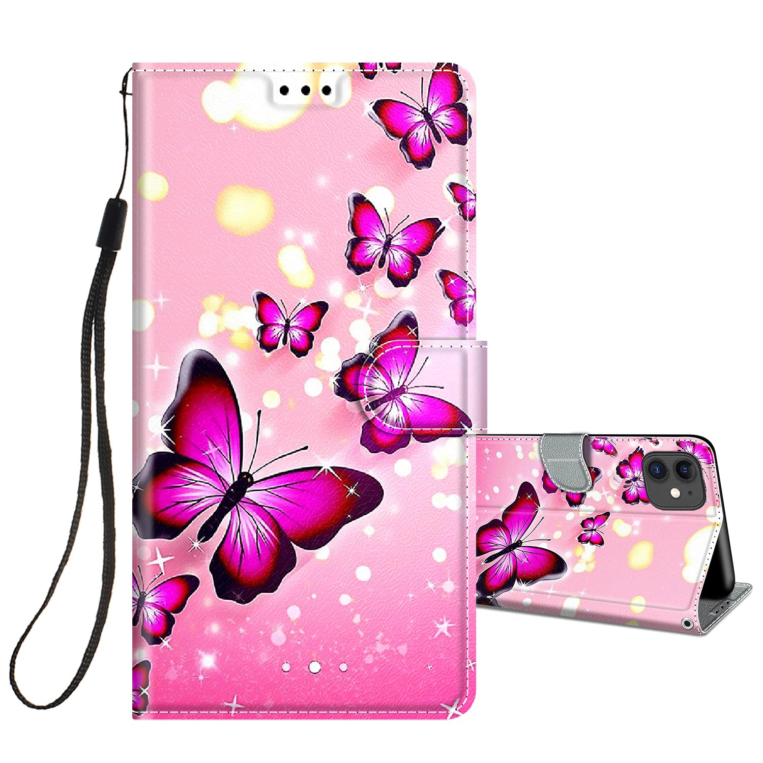 HopMore Flip Case for iPhone 12 / iPhone 12 Pro Phone Case Protective Wallet Case for Girls Women Boys, PU Kickstand Card Slot Holder Silicone Bumper 360 Degrees Shockproof Cover - Butterfly/Pink
