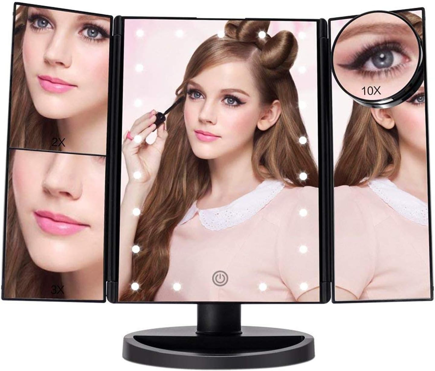 ASCINATE Lighted Makeup Mirror with 21 LED Lights Touch Screen Dimming, Tri-Fold 3X/2X/1X Magnification 180 Degree Rotation Vanity Mirror (Black)