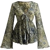 GORGLITTER Women's Bell Sleeve Tops Tie Front Sheer Mesh V Neck Ruffle Peplum Blouse Top