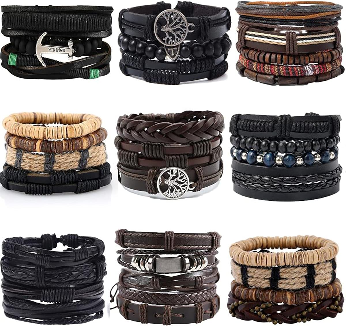 JEWPARK 36PCS Woven Leather Bracelet Set for Men Women Cool Braided Leather Wrist Cuff Bracelets Adjustable Handmade Wooden Beaded Bracelets Ethnic Tribal Linen String Bracelets: Jewelry