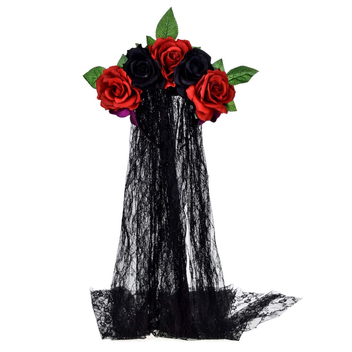 Merroyal Day of the Dead Headpiece Rose Floral Crown Halloween Costume Mexican Headband with Veil (Green Leaf Red and Black Rose Flower)