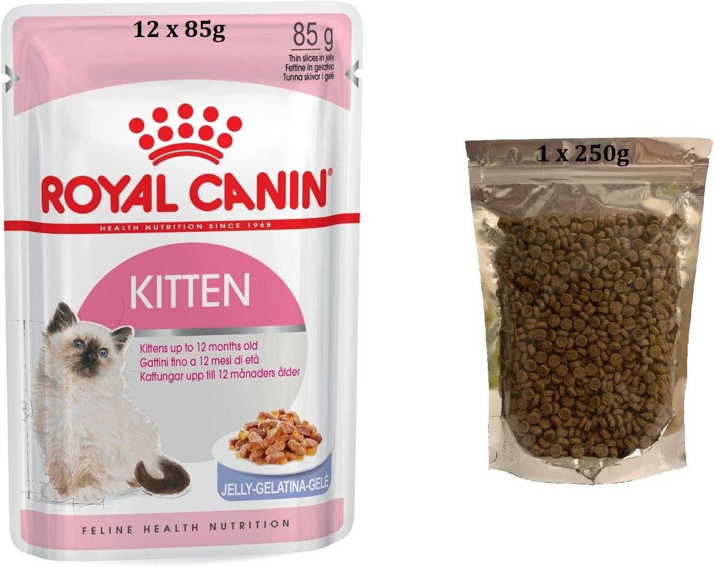 Royal Canin Instinctive Kitten Cat Food Jelly Flavour 12x85g With 250g Dry Kitten Food