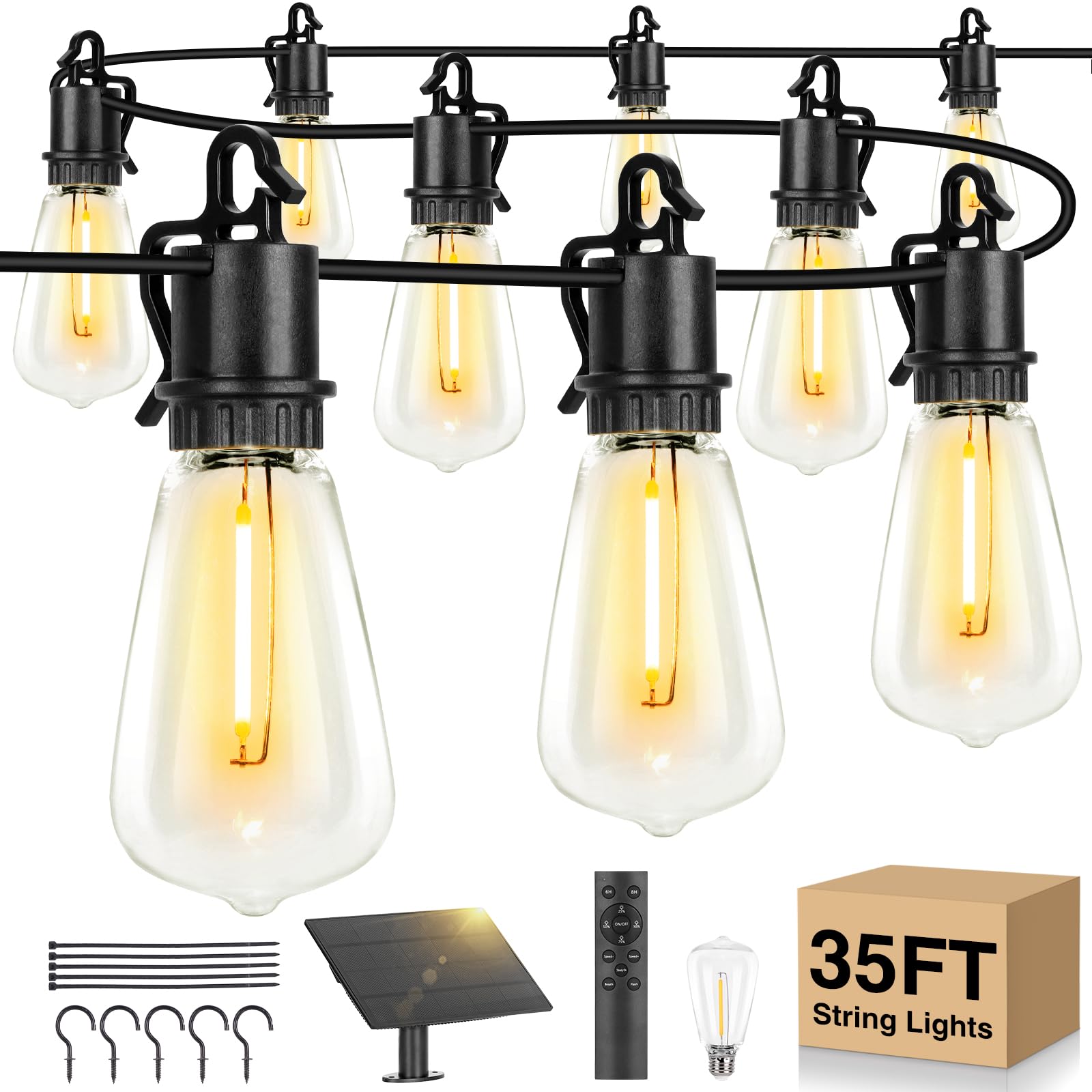 Photo 1 of OOOLED Solar String Lights Outdoor Waterproof 35FT with Shatterproof ST38 LED Bulbs, 2700K Solar Lights with Remote, Solar String Lights for Outside, Camping, Yard