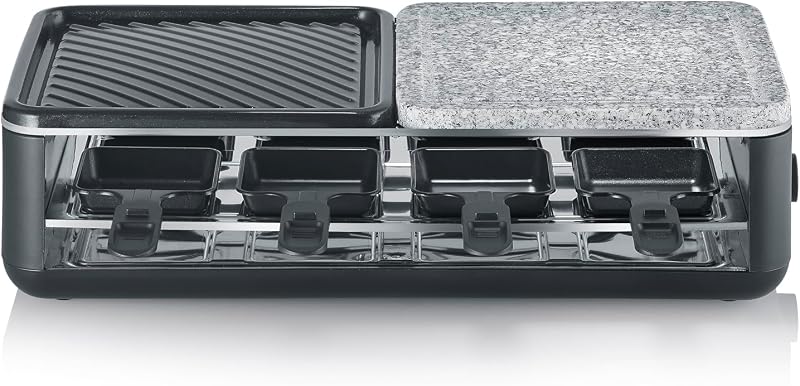 - Grelhador raclette com pedra natural e grelha com 8 tabuleiros com revestimento antiaderente 1300 W Preto RG 2366