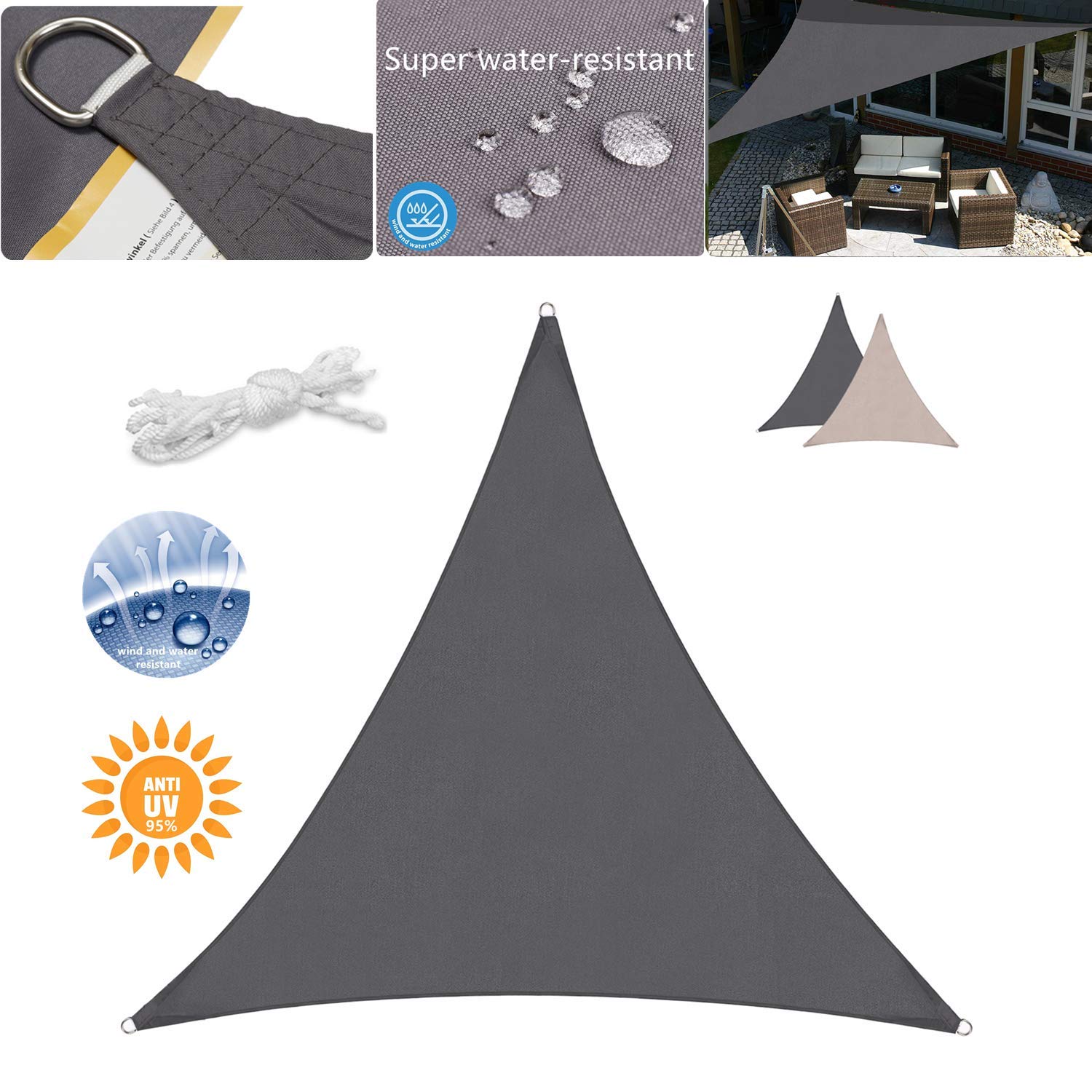 2× 3m Antracita Exteriores Sekey Toldo Vela de Sombra Rectangular HDPE