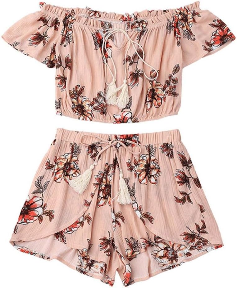 VEMOW Casual Two Piece Set Teen Girls 2020 Spring Summer New Sexy Women Off Shoulder Chiffon Slash Neck Printed Beachwear Crop Tops Set