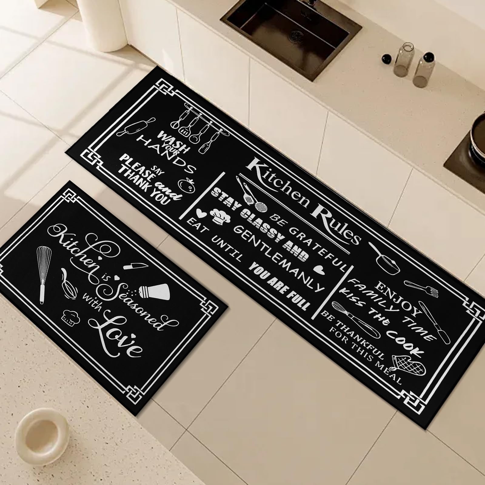 Fecialy 2-Piece Non-Slip Kitchen Rug Set, Modern Black Tufted Letter Print Kitchen Rugs, 50x80cm+50x150cm
