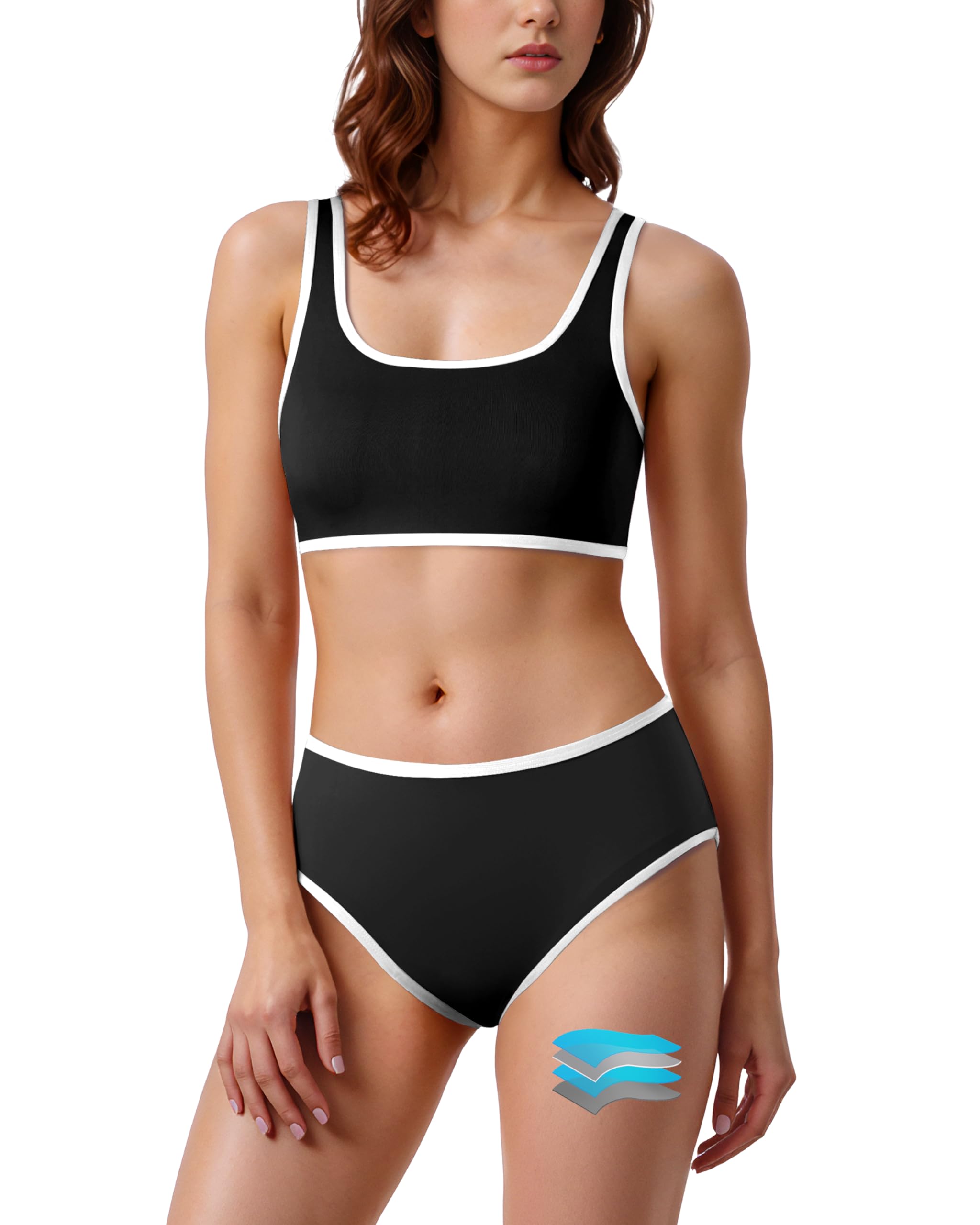 Photo 1 of Beautikini Period Swimwear Sporty Two Piece Menstrual Swimsuits Leakproof Bikini Set Bathing Suits for Teen Girls Women Black,XS