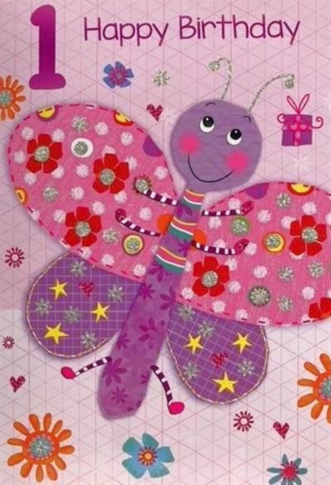 Age 1 Birthday Card - 1st Birthday Pink Lilac Butterfly Silver Glitter 7.75x5.25