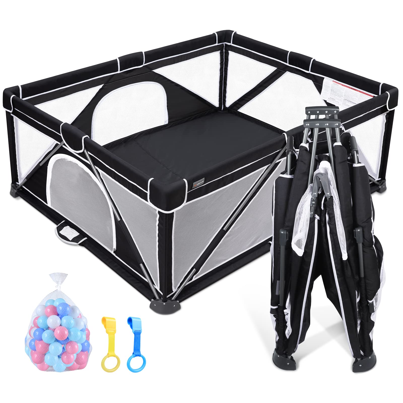 Photo 1 of ANGELBLISS Baby Playpen, Foldable Playpen for Babies and Toddlers, Indoor & Outdoor Baby Activity Center with Visible Breathable Mesh, Portable Play Yard with 2 Handlers+50 Balls (Black, 71 * 79)