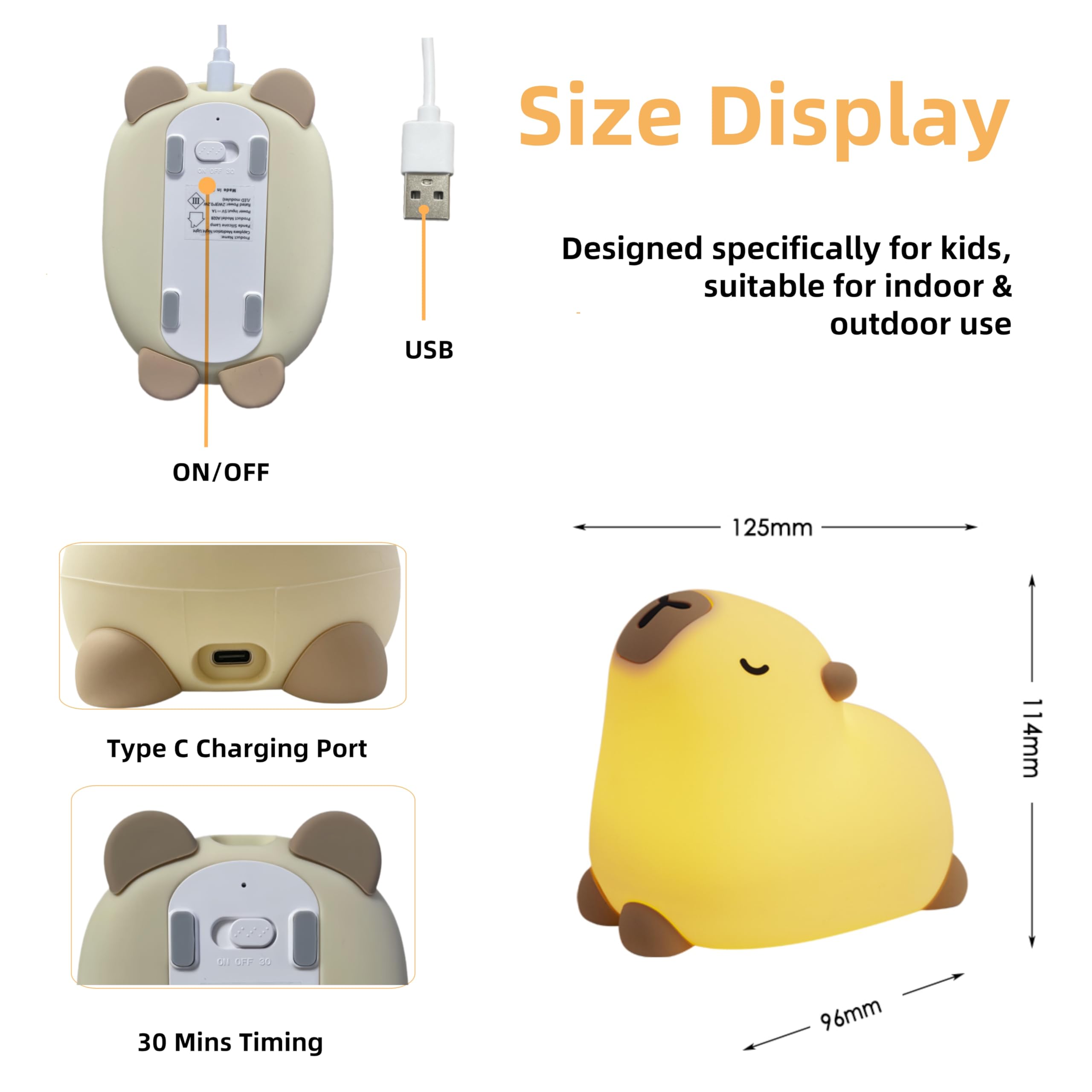 Microwear Cute Capybara Night Light,3 Levels Dimmable,Rechargeable Silicone Touch Lamp for Kids,Adults,Nursery,Bedroom,Desk Decor(Portable,Timer