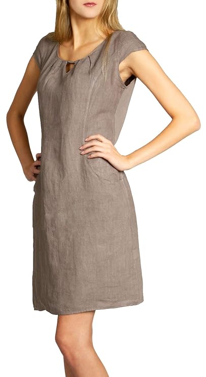 Caspar SKL020 knielanges Damen Sommer Leinenkleid mit dezenter Metallspange
