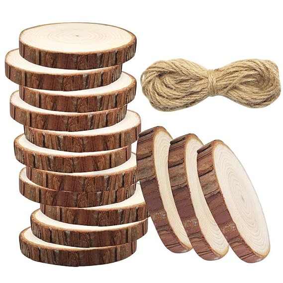 Meetory 20 Stück unvollendete vorgebohrte Holzscheiben natürliche Runde Log-Scheiben mit Löchern, 33 Fuß Jute Twine für DIY C