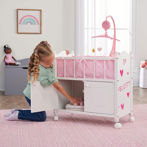 BADGER BASKET WOODEN TOY DOLL BED WITH STORAGE, MOBILE, AND BEDDING TO PRETEND AND PLAY – INCLUDES WHEELS AND FREE PERSONALIZATION KIT – WHITE WITH PINK GINGHAM FABRIC