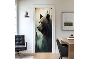 Door Stickers Peel and Stick Door Decal Black Bear Exposure Rustic Grizzly Animal Pine Tree Large Bear Removable Mural Wallpa