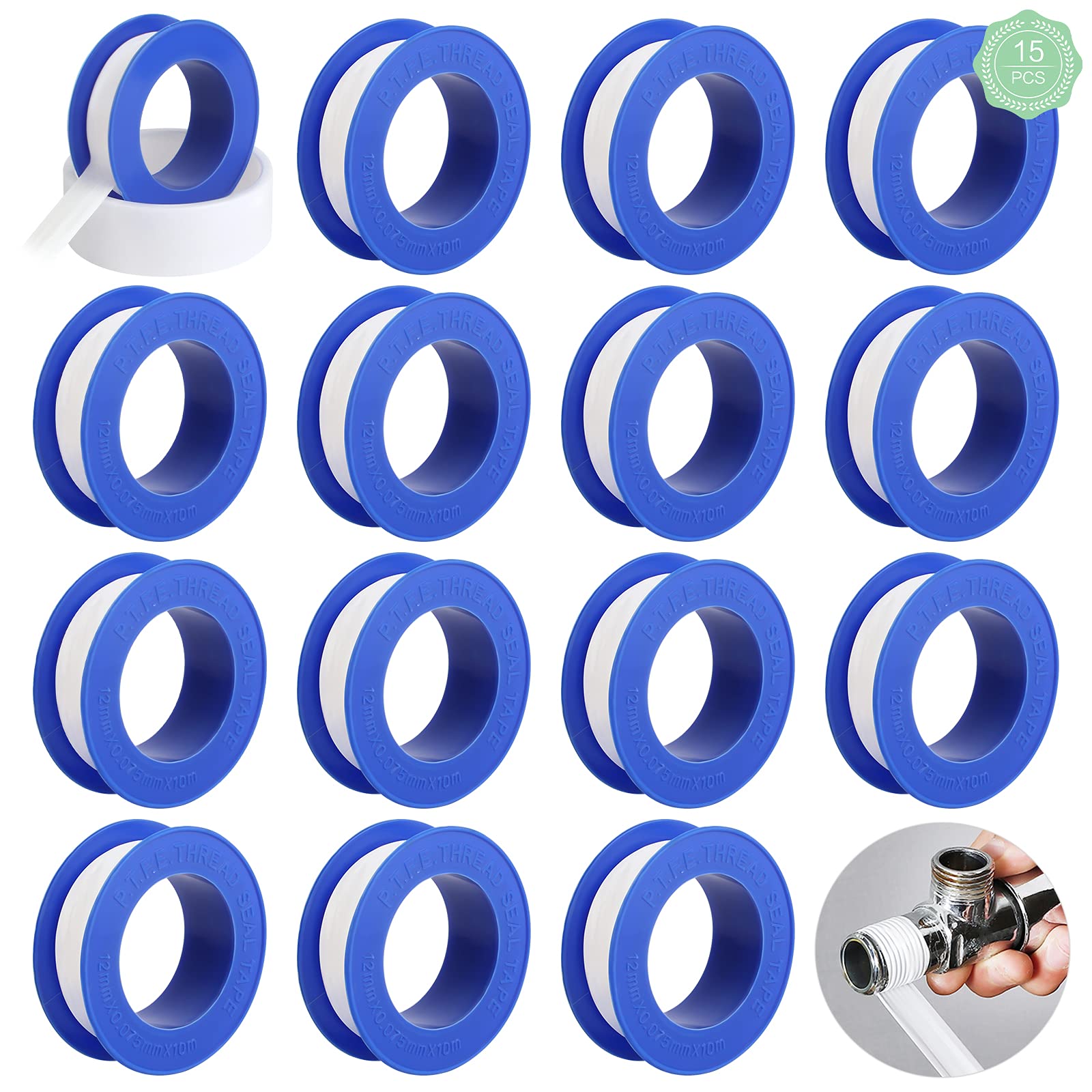 ShiSheng 15Pcs PTFE Thread Seal Tape Water Plumbing Tape 12mm * 10m PTFE Sealing Tape Sealant Tape Waterproof Thread Sealing Tape for Plumbing Pipes Joint Thread Pipes