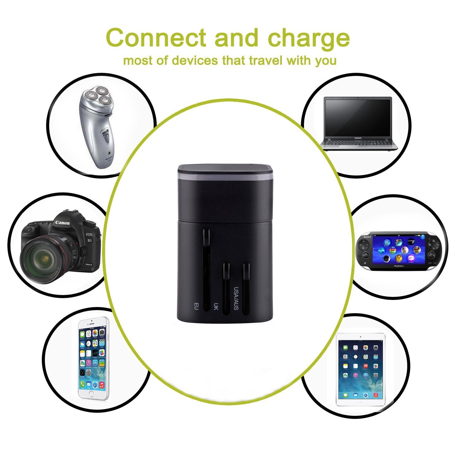 Adattatore di caricabatteria da viaggio, caricabatterie da muro internazionale Moobom worldwide universale adattatore da viaggio con due porte USB per Apple, iPod, iPad, Android, smartphone e fotocamere digitali (grado di alimentazione USB 