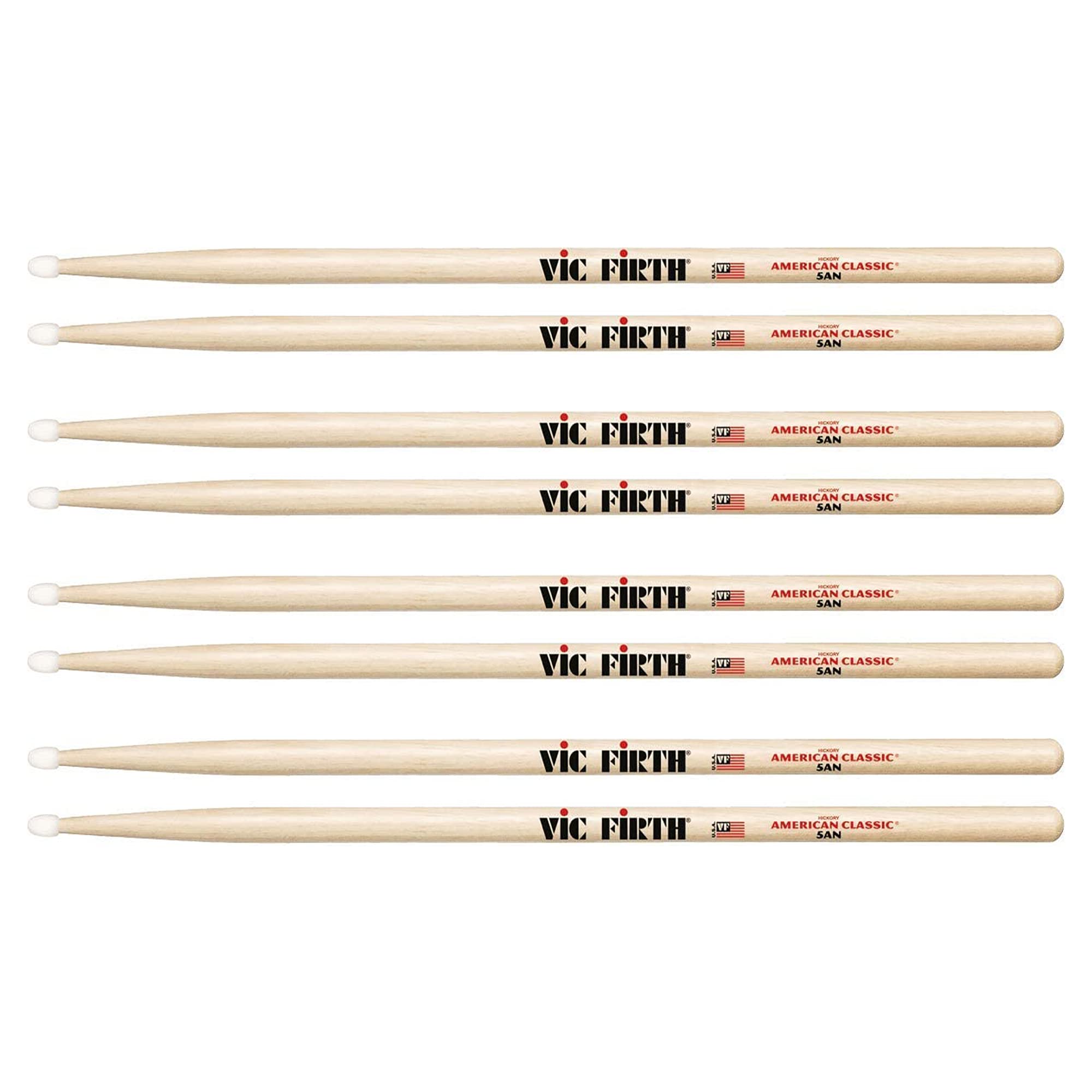 Vic Firth American Classic Series Drumsticks - 5AN - American Hickory - Nylon Tip - 4 x Pair Value Pack