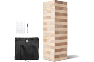Uargd Giant Tumbling Timber Game, 60-Piece Wooden Stacking Blocks Set with Carry Bag and Scoreboard, Pine Wood Tower Game for