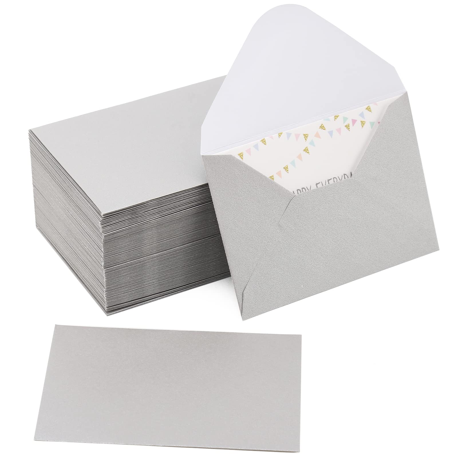 Photo 1 of 100 Pack 4 x 2.75" Mini Envelopes Metallic Silver 120GSM Gift Card Envelopes Bulk Small Paper Gift Card Sleeves Greeting Card Business Card Tiny Envelope Pockets for Card & Invitation