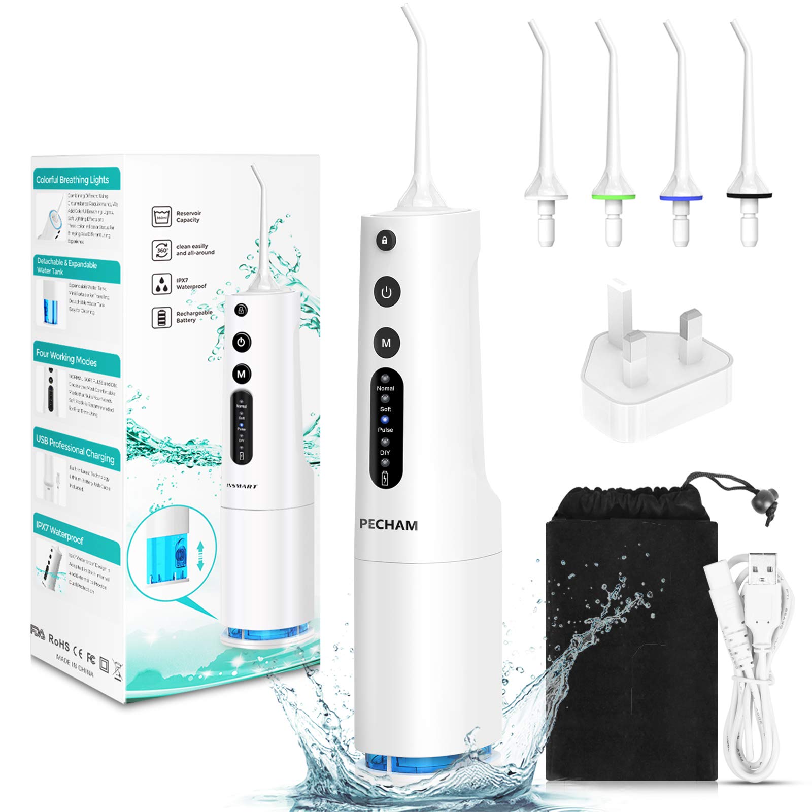 Water Flosser for Teeth, PECHAM Portable Cordless 360ML Tank 4 Modes & 4 Jet Tips Improve Oral Health, Portable PX7 Waterproof and 2000mAh USB Rechargeable Oral Irrigator for Home Travel