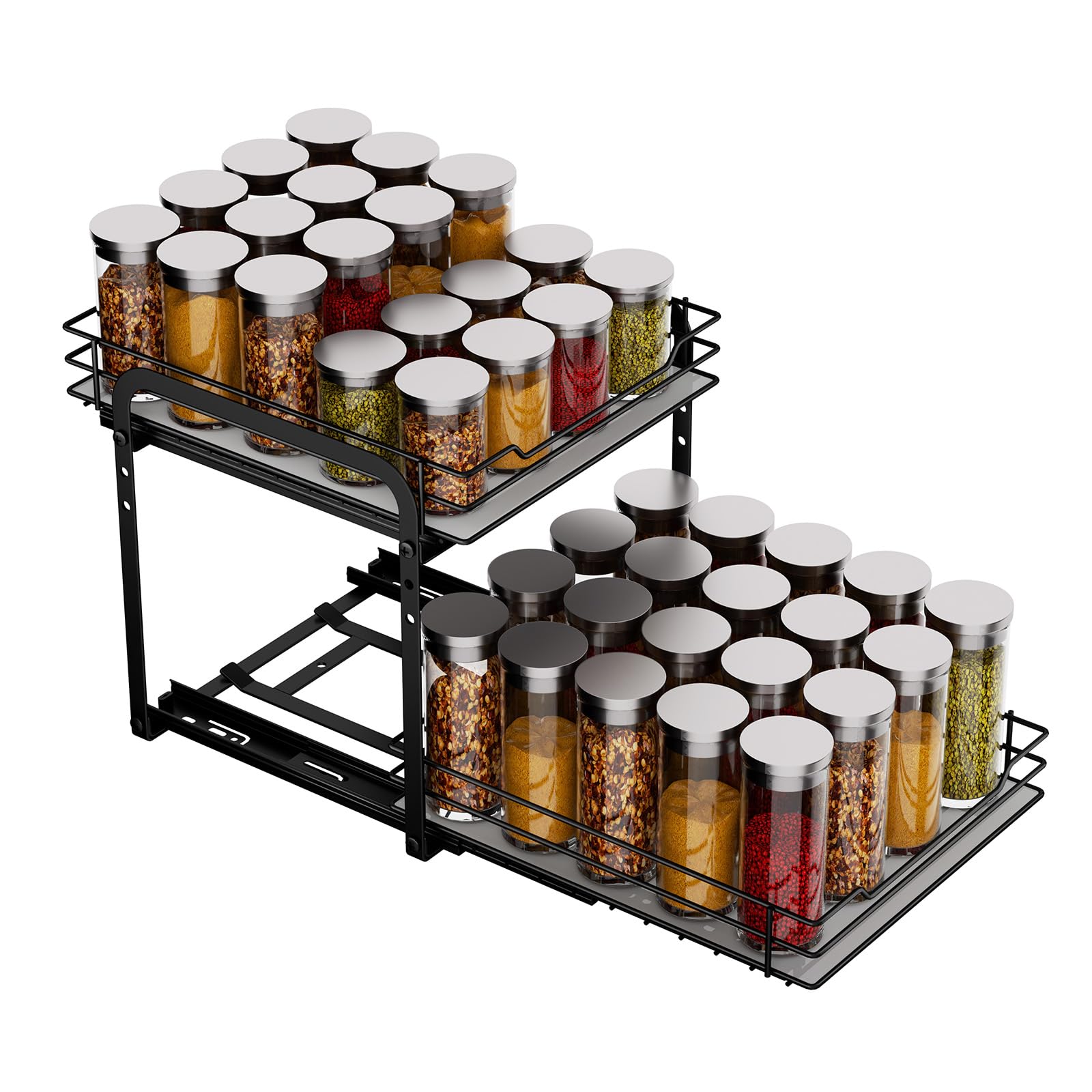 MAYZOLOP Pull out Spice Rack, 2-Tier Metal Spice Rack with Adjustable Height for Inside Cupboard, Kitchen Cupboard Organiser Storage Rack, 9.1in W x 10.4in L x 9in H