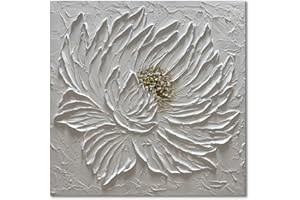 Slyart Handmade White 3D Floral Canvas Wall Art 24x24 Inches Abstract Flower Paintings Modern Contemporary Texture Wall Art White Artwork for Home Decorations