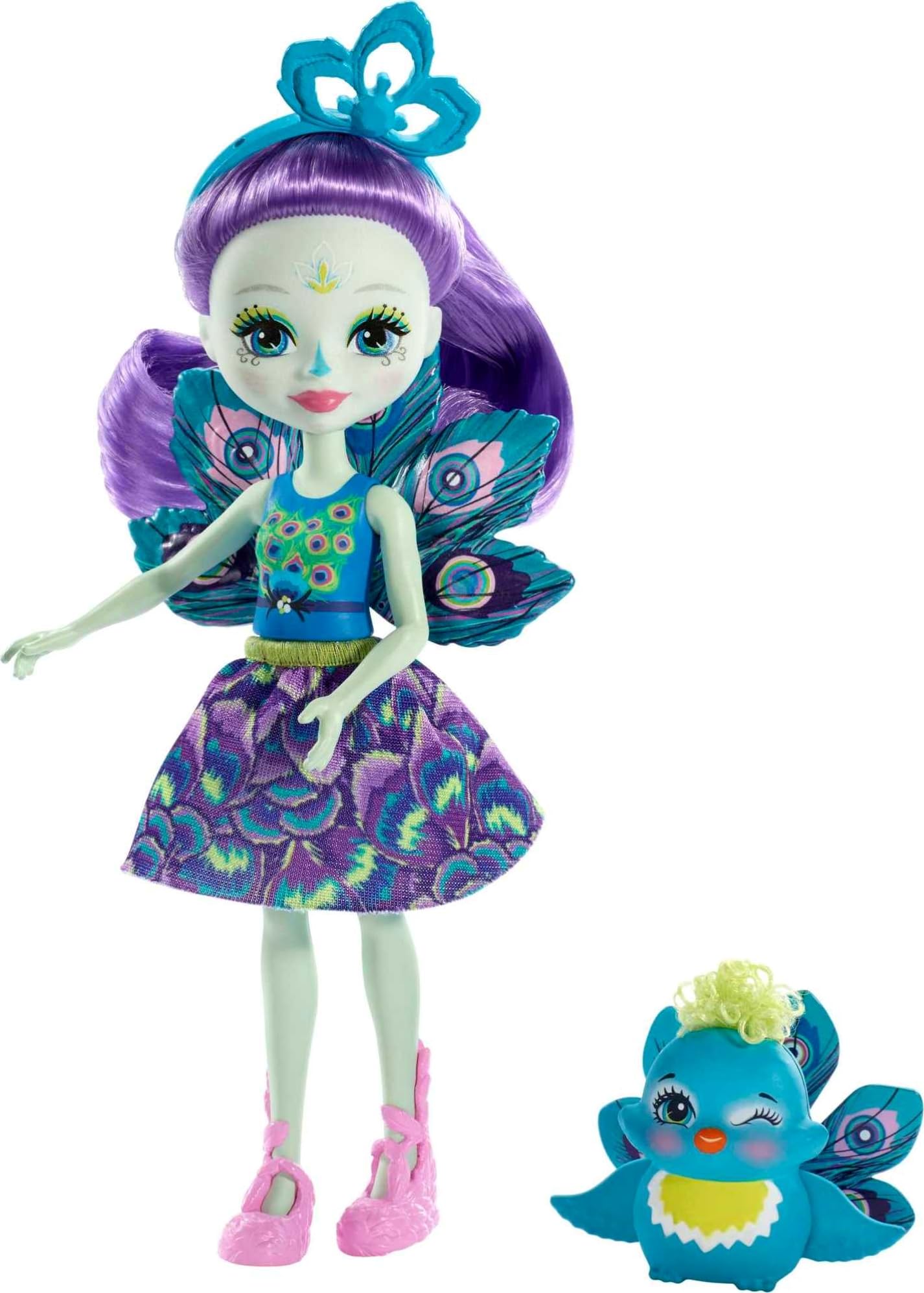 Enchantimals Patter Peacock Doll & Flap Figure, 6-inch small doll, with long purple hair, peacock wings, removable skirt, headpiece and shoes, Gift for 3 to 8 Year Olds, FXM74