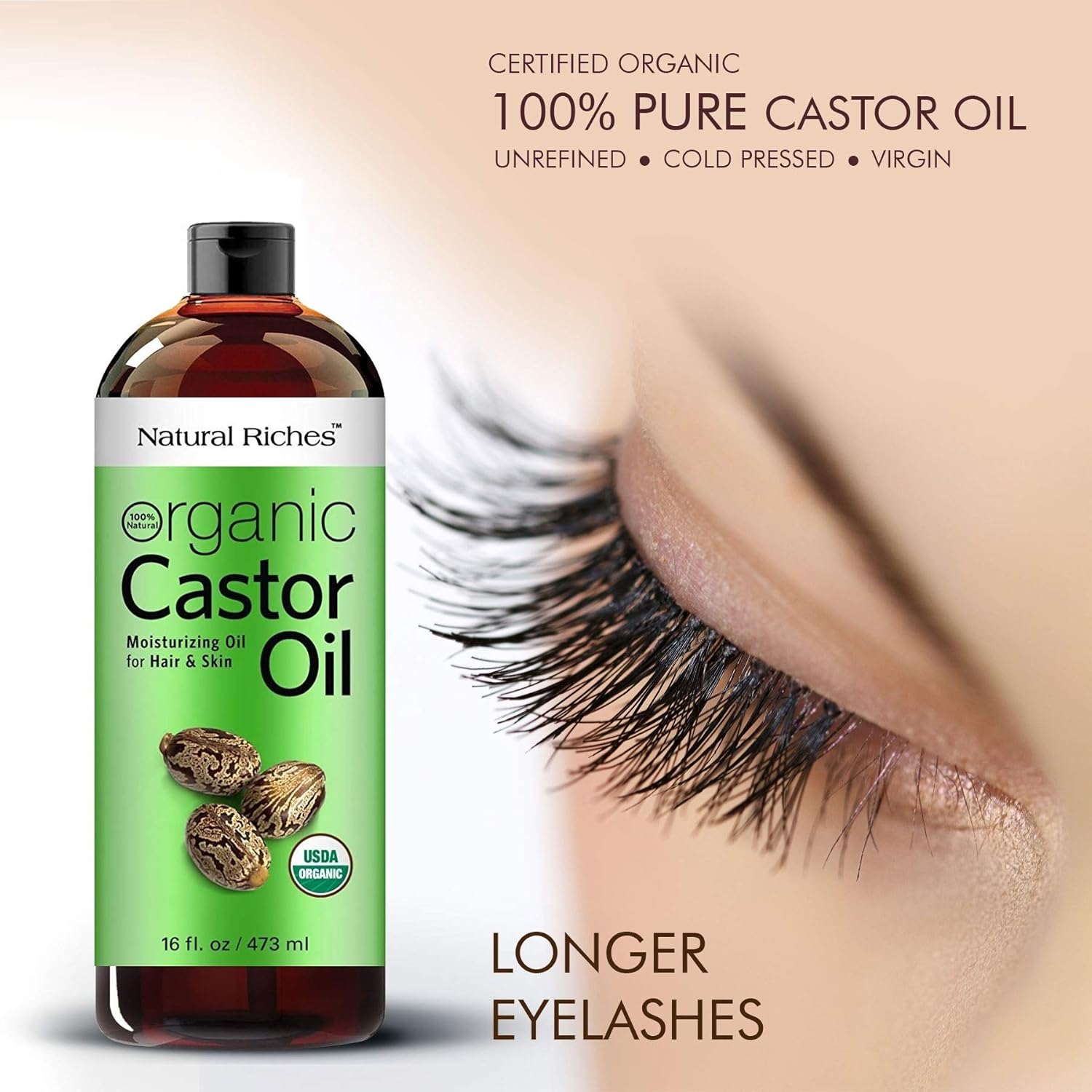 Organic Castor Oil Cold pressed USDA Organic certified pure for Dry Skin, Hair Loss, Dandruff & Thick Hair - Moisturizes heals Scalp, Skin, Hair growth, Thicker Eyelashes & Eyebrows - 16 fl. oz. Natural Riches : Beauty
