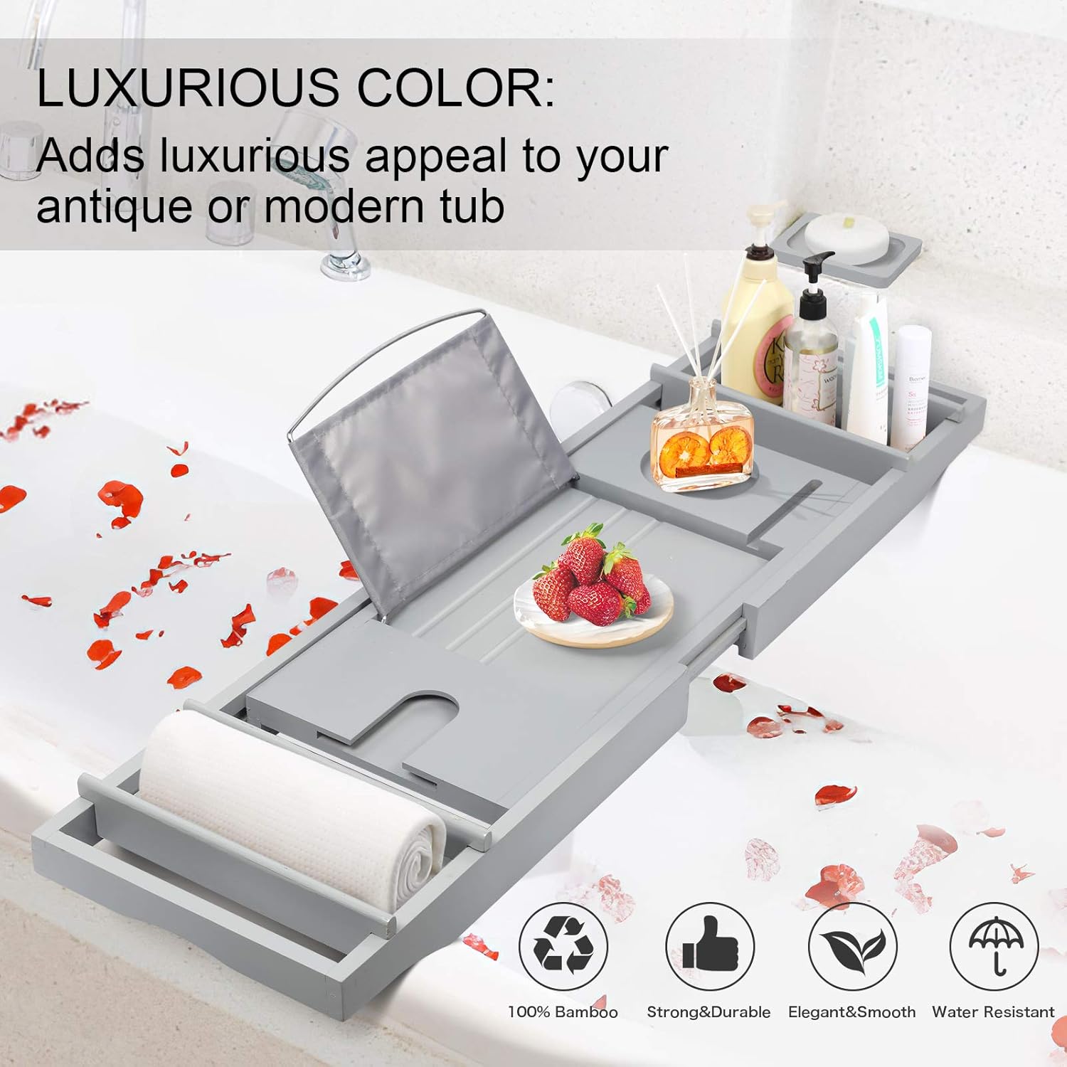 Artmalle Luxury Bamboo Bathtub Caddy Tray with Book and Wine Holder,Bath Accessories & Bed Tray with Extending Sides,Bathroom Organizer for Men/Women,Free Soap Holder,Gray: Home & Kitchen