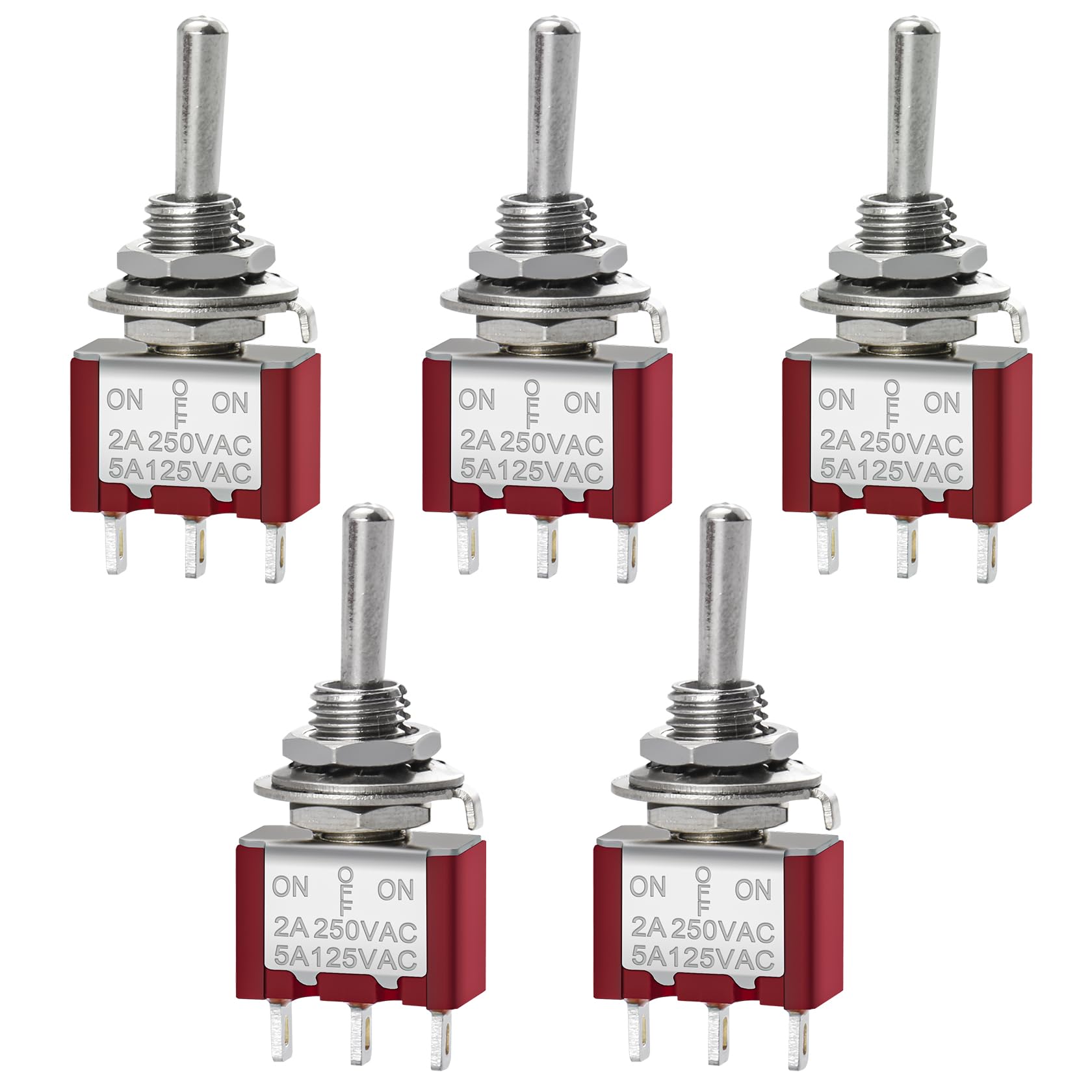 Heschen Mini Momentary Toggle Switch MTS-123, (ON)-OFF-(ON) SPDT, 3 Pin, 2A 250V, 5A 125V, Pack of 5