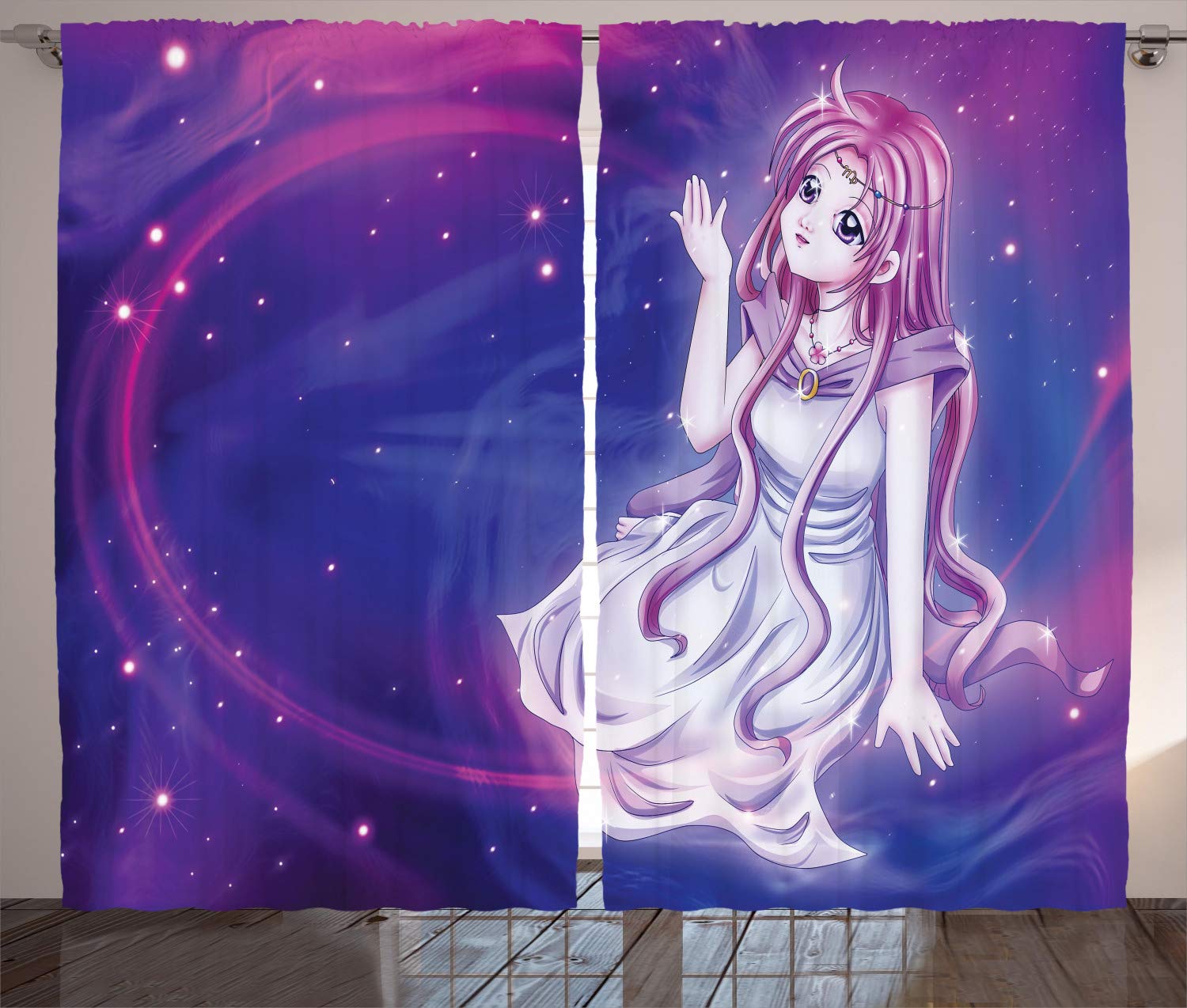 ABAKUHAUS Anime Curtains, Purple Anime Fairy Sitting in Theme of Zodiac Astrology Horoscope Sign Artprint, Living Room Bedroom Window Drapes 2 Panel Set, 280 x 175 cm, Purple Blue
