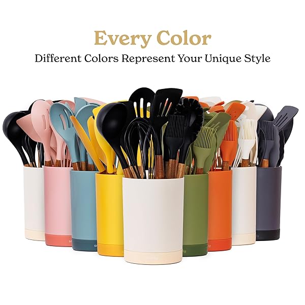 SILICONE KITCHEN UTENSILS SET & HOLDER: COOKING UTENSILS SET – KITCHEN ESSENTIALS FOR NEW HOME & 1ST APARTMENT- SILICONE SPATULA SET, COOKING SPOONS FOR NONSTICK COOKWARE (ACACIA WOOD, PINK)