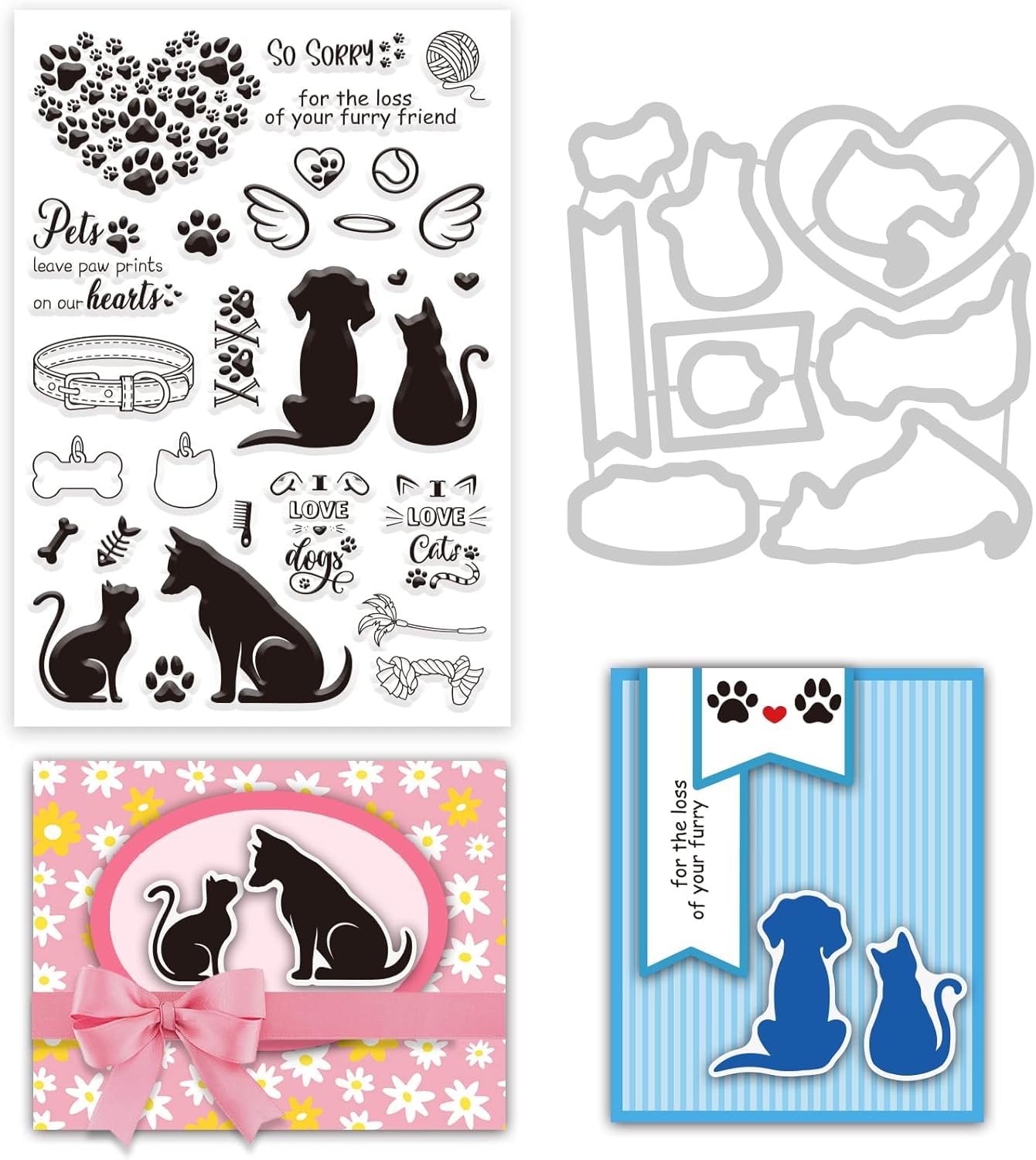 INFUNLY Pet Stamps and Dies for Card Making Cat Dog Clear Stamp and Die Cut Animal Metal Cutting Die Stamp Stencil Paw Print Transparent Seal for DIY Scrapbooking Arts Crafts