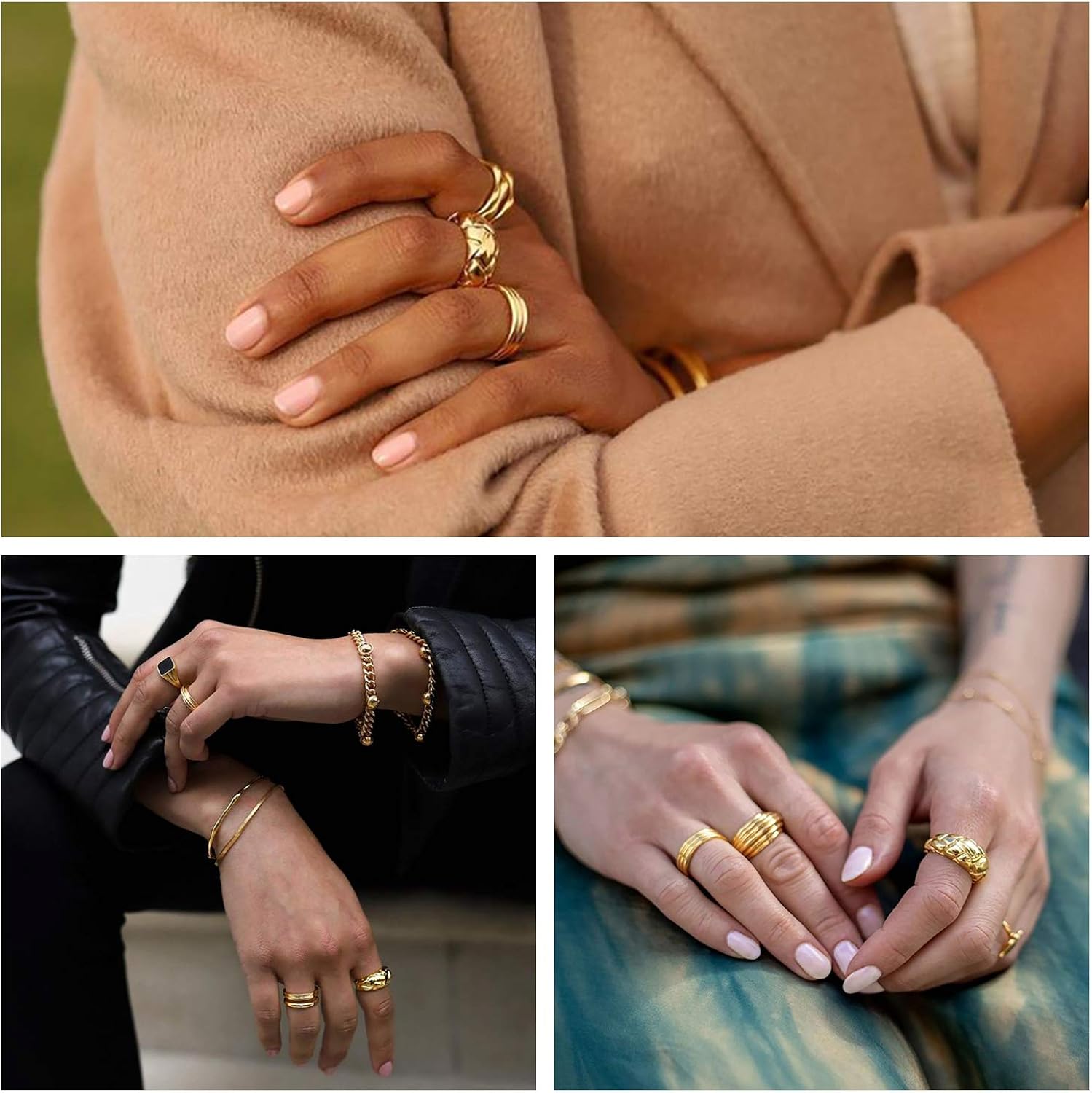 WFYOU 6PCS 18K Gold Plated Thick Dome Chunky Rings for Women Girls Braided Twisted Signet Chunky Gold Ring Set Minimalist Statement Ring Jewelry Size 5-9: Jewelry