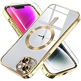 Misea Magnetic for iPhone 14 Case Compatible with MagSafe [Never Yellowing] [Military Grade Drop Protection] Full Camera Lens Protector Plating Soft Clear Phone Case for Women Girls, Gold