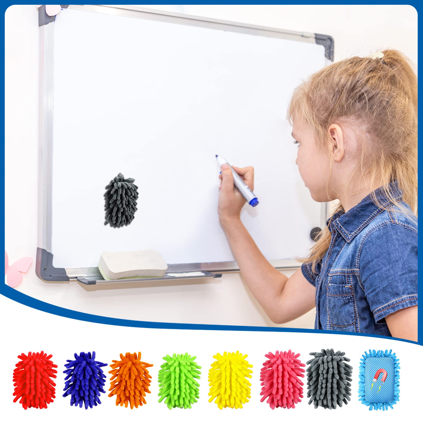 Epakh 8 Pcs Microfiber Shag Eraser with Magnet Multicolor Magnetic Dry Erase Eraser Washable Whiteboard Eraser for Markers Chalk Home Classroom Office Teacher Supplies
