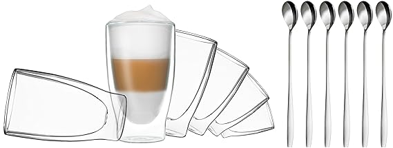 DUOS 6X 400ml doppelwandige Gläser + 6 Löffel - Set Thermogläser mit Schwebe-Effekt, auch für Latte Macchiato, Eistee, Säfte,