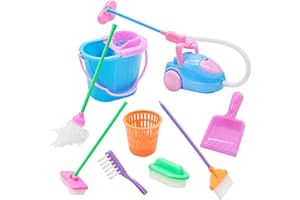 INHEMING 9 Pieces Miniature Dollhouse Cleaning Supplies, Mini Mop, Dustpan, Brush, Broom and Bucket Housework Tools, Doll House Accessories Pretend Play Decoration